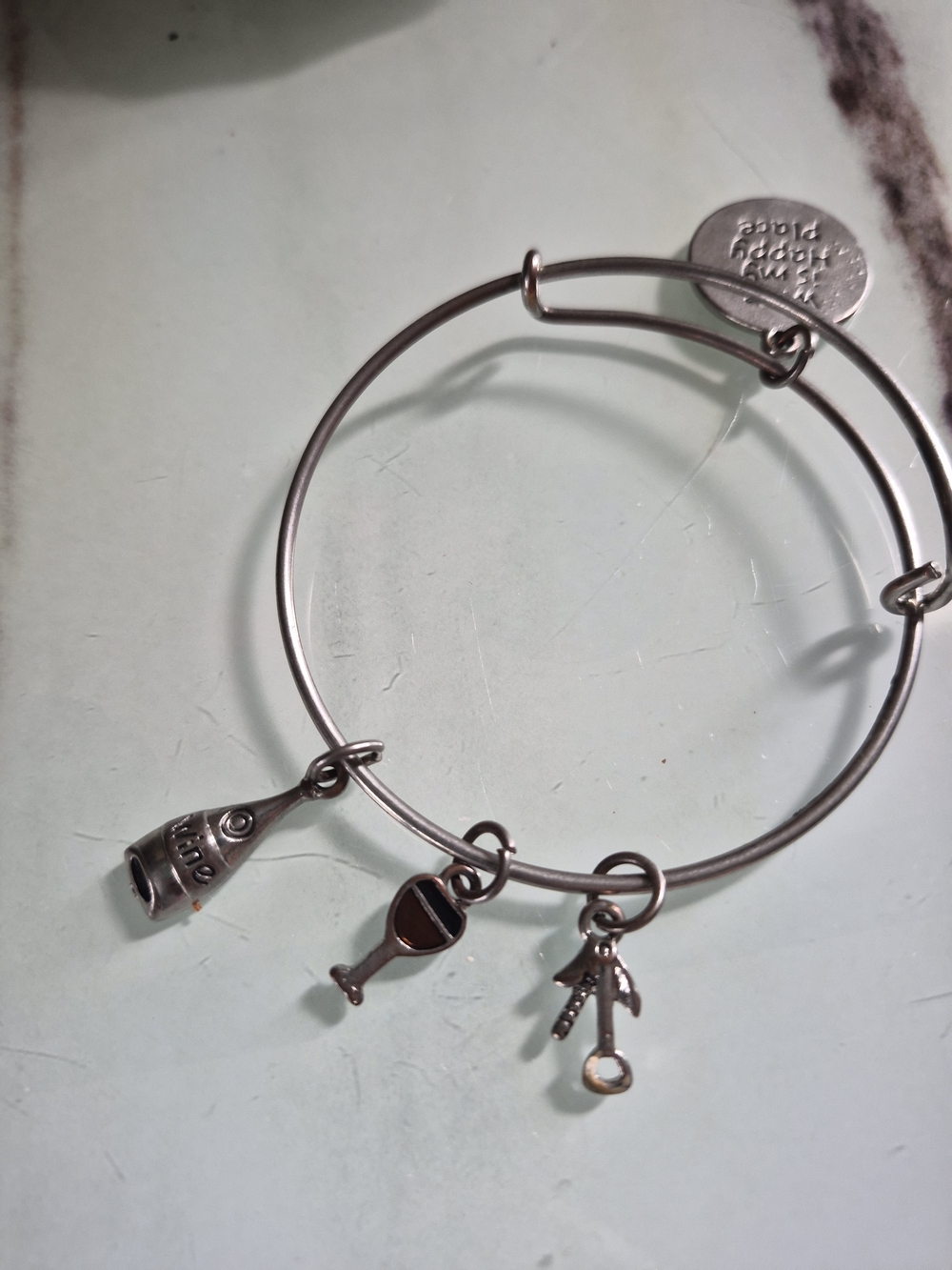 Silver Toned Charm Bangle Bracelet with Wine ,wine Glass & Corkscrew Charms